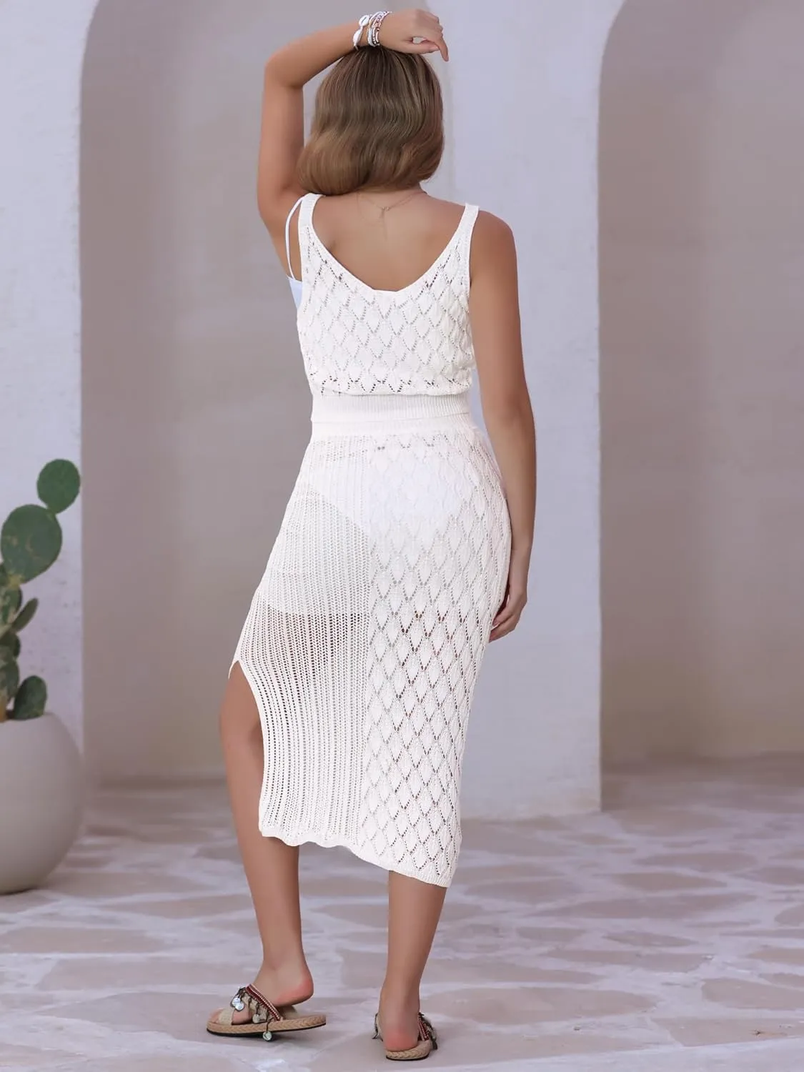 Allegra K Women's 2 Piece Cover Up Crochet Set Hollow Out V Neck Crop Top Slit Skirt Outfit