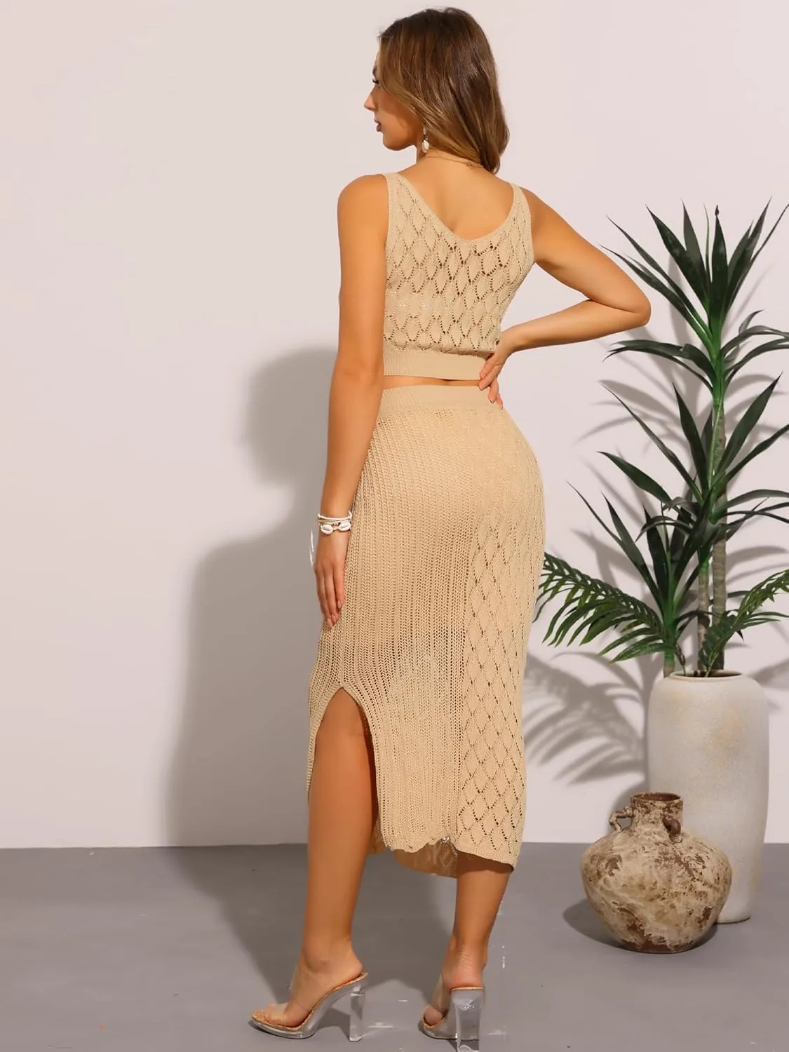 Allegra K Women's 2 Piece Cover Up Crochet Set Hollow Out V Neck Crop Top Slit Skirt Outfit