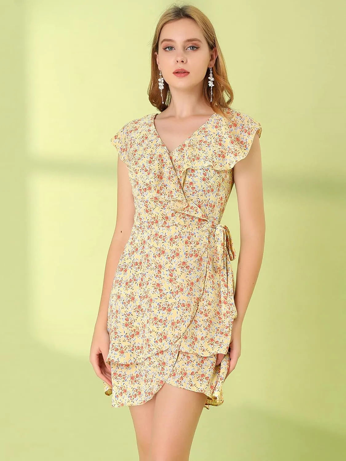 Allegra K Women's Boho Floral Wrap V Neck Ruffle Hem Sleeveless Mini Tulip Dress