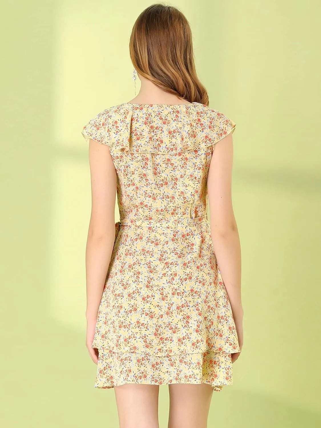 Allegra K Women's Boho Floral Wrap V Neck Ruffle Hem Sleeveless Mini Tulip Dress