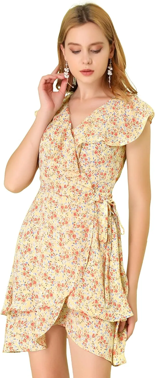 Allegra K Women's Boho Floral Wrap V Neck Ruffle Hem Sleeveless Mini Tulip Dress