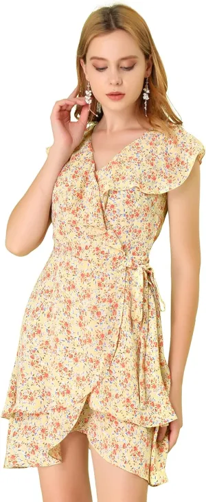 Allegra K Women's Boho Floral Wrap V Neck Ruffle Hem Sleeveless Mini Tulip Dress