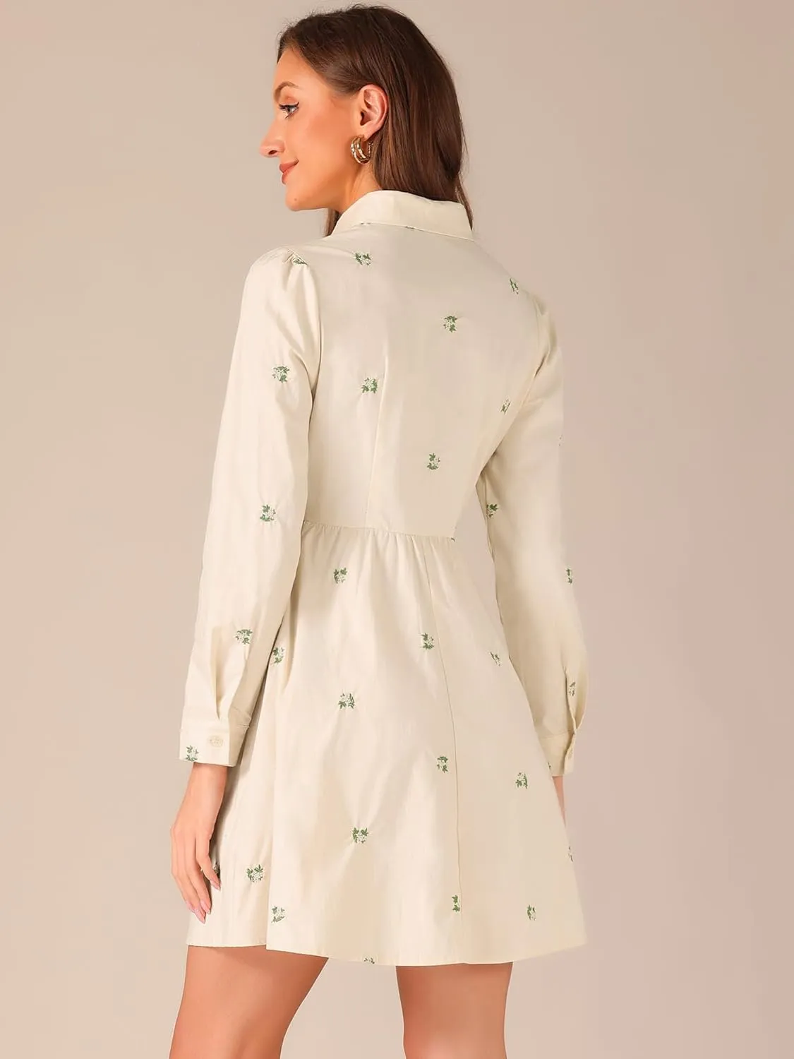 Allegra K Women's Casual Shirt Dress Long Sleeve Half Placket Embroidered Floral Mini Dresses