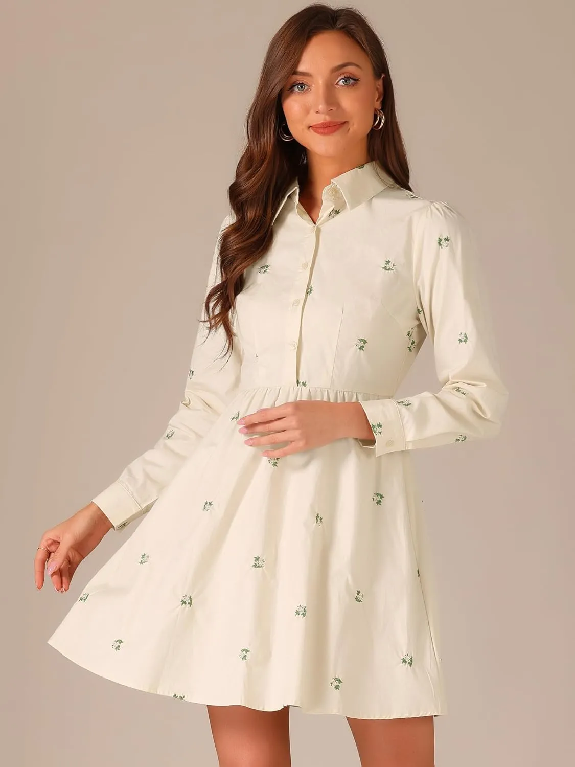 Allegra K Women's Casual Shirt Dress Long Sleeve Half Placket Embroidered Floral Mini Dresses