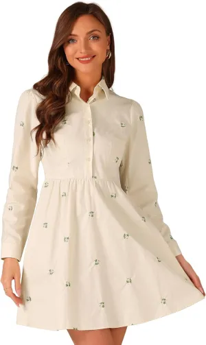 Allegra K Women's Casual Shirt Dress Long Sleeve Half Placket Embroidered Floral Mini Dresses