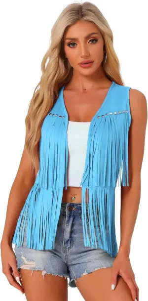 Allegra K Women's Fringe Vest Open Front Western 70s Outfits Faux Suede Tassel Cardigan