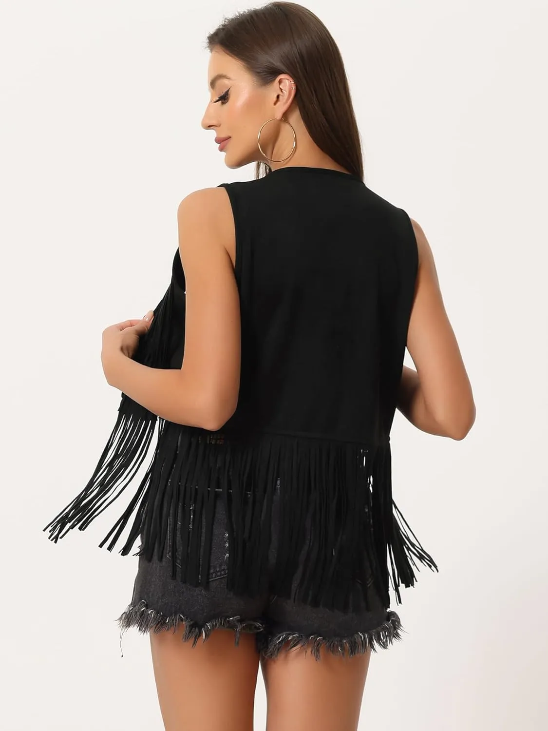Allegra K Women's Fringe Vest Open Front Western 70s Outfits Faux Suede Tassel Cardigan