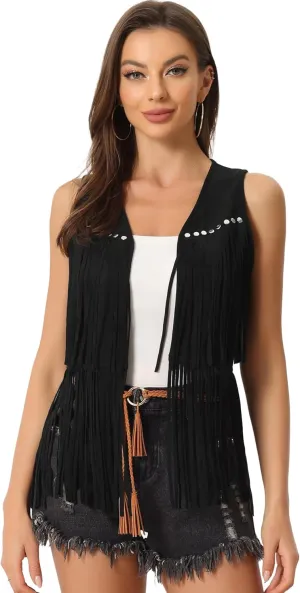 Allegra K Women's Fringe Vest Open Front Western 70s Outfits Faux Suede Tassel Cardigan