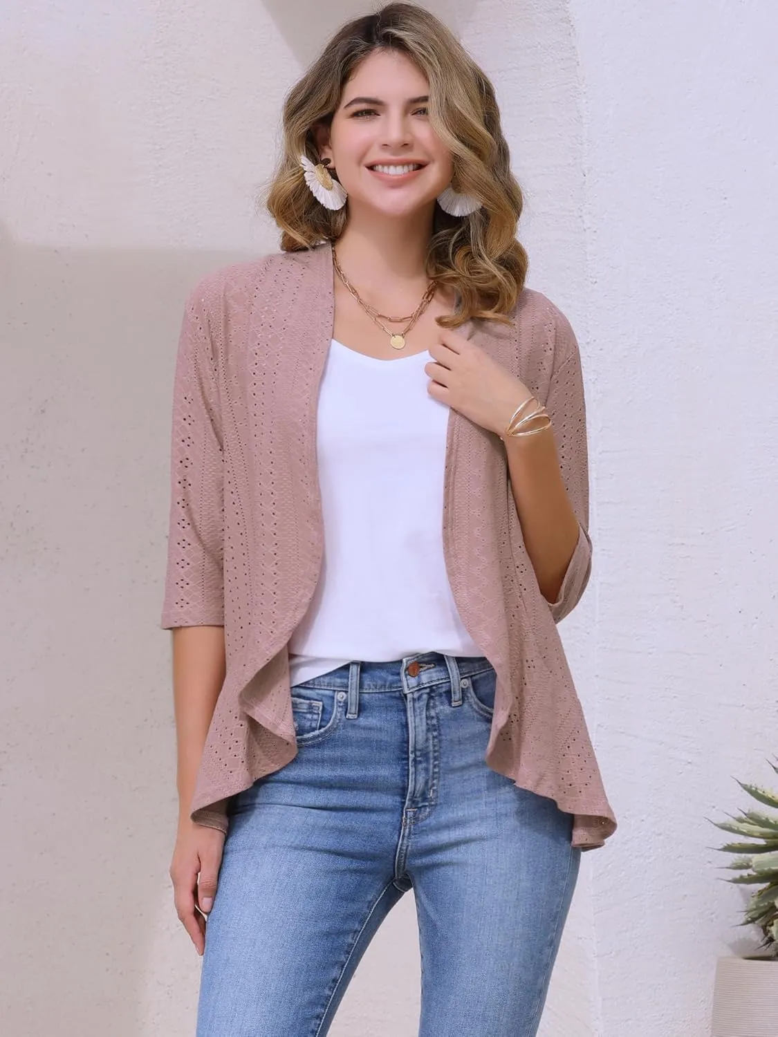Allegra K Women's Open Front Cardigan 3/4 Sleeve Draped Ruffles Eyelet Summer Cardigans
