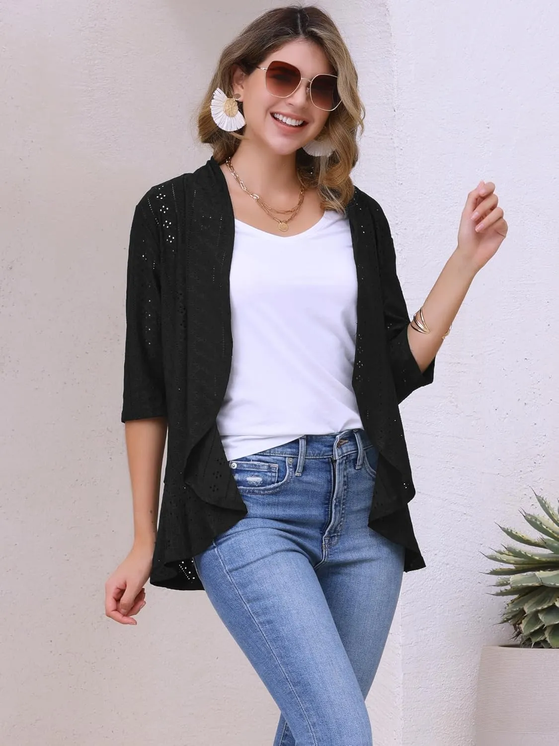 Allegra K Women's Open Front Cardigan 3/4 Sleeve Draped Ruffles Eyelet Summer Cardigans