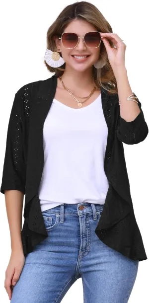 Allegra K Women's Open Front Cardigan 3/4 Sleeve Draped Ruffles Eyelet Summer Cardigans