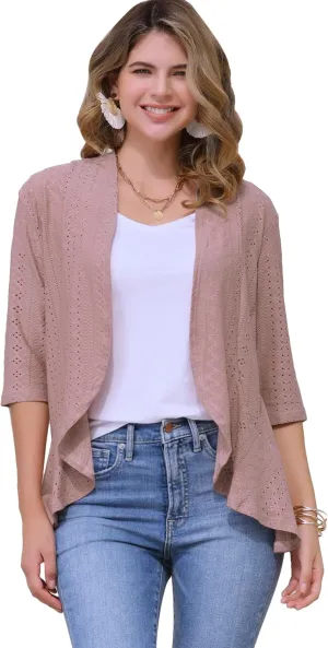 Allegra K Women's Open Front Cardigan 3/4 Sleeve Draped Ruffles Eyelet Summer Cardigans