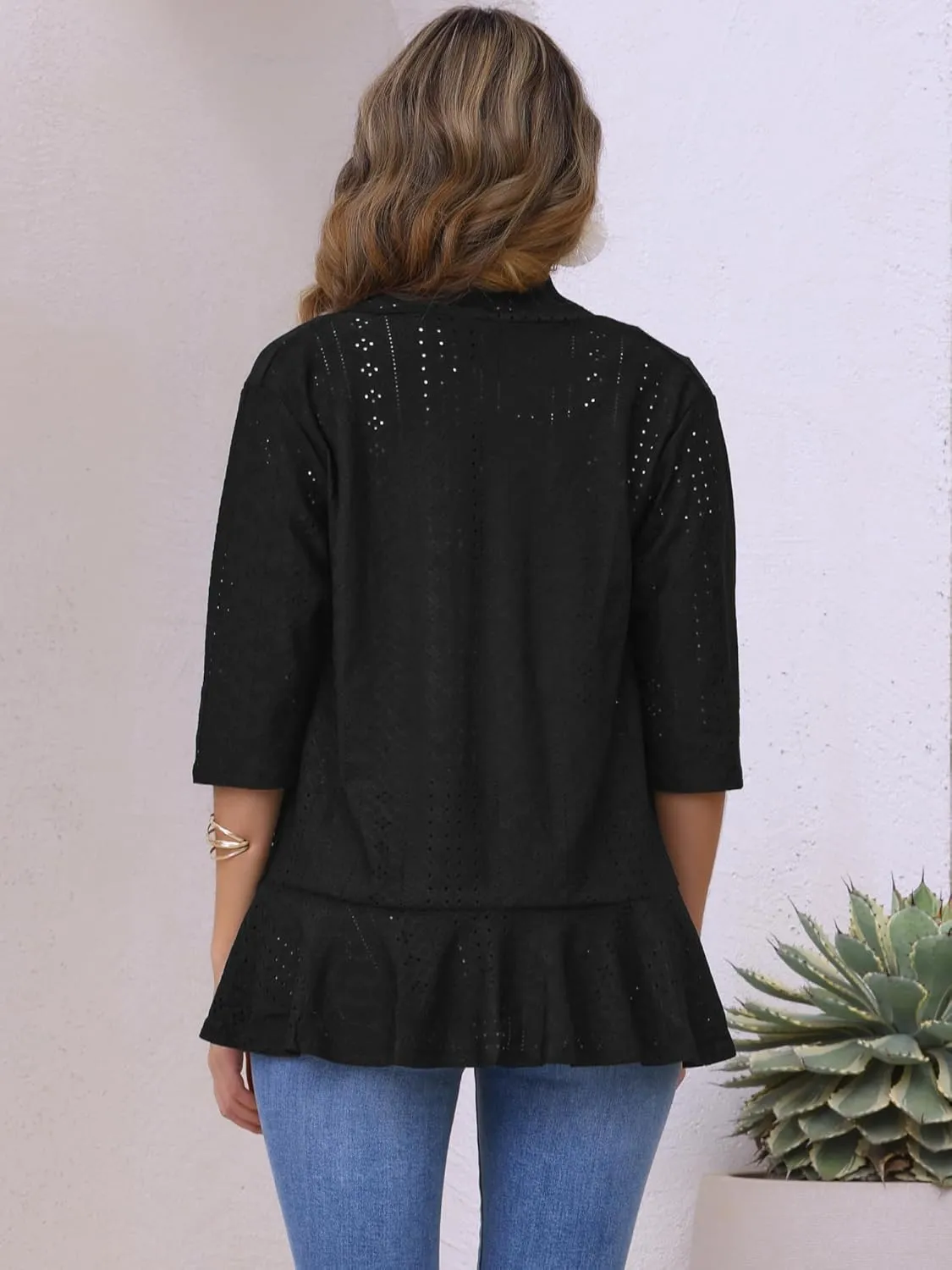 Allegra K Women's Open Front Cardigan 3/4 Sleeve Draped Ruffles Eyelet Summer Cardigans