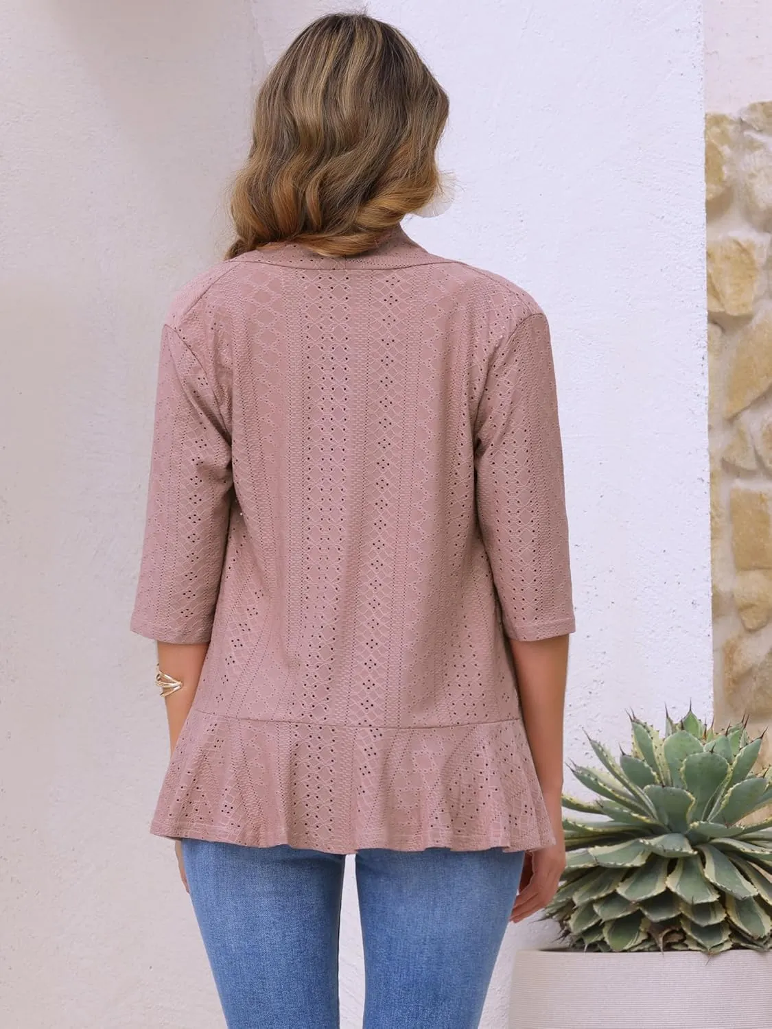 Allegra K Women's Open Front Cardigan 3/4 Sleeve Draped Ruffles Eyelet Summer Cardigans