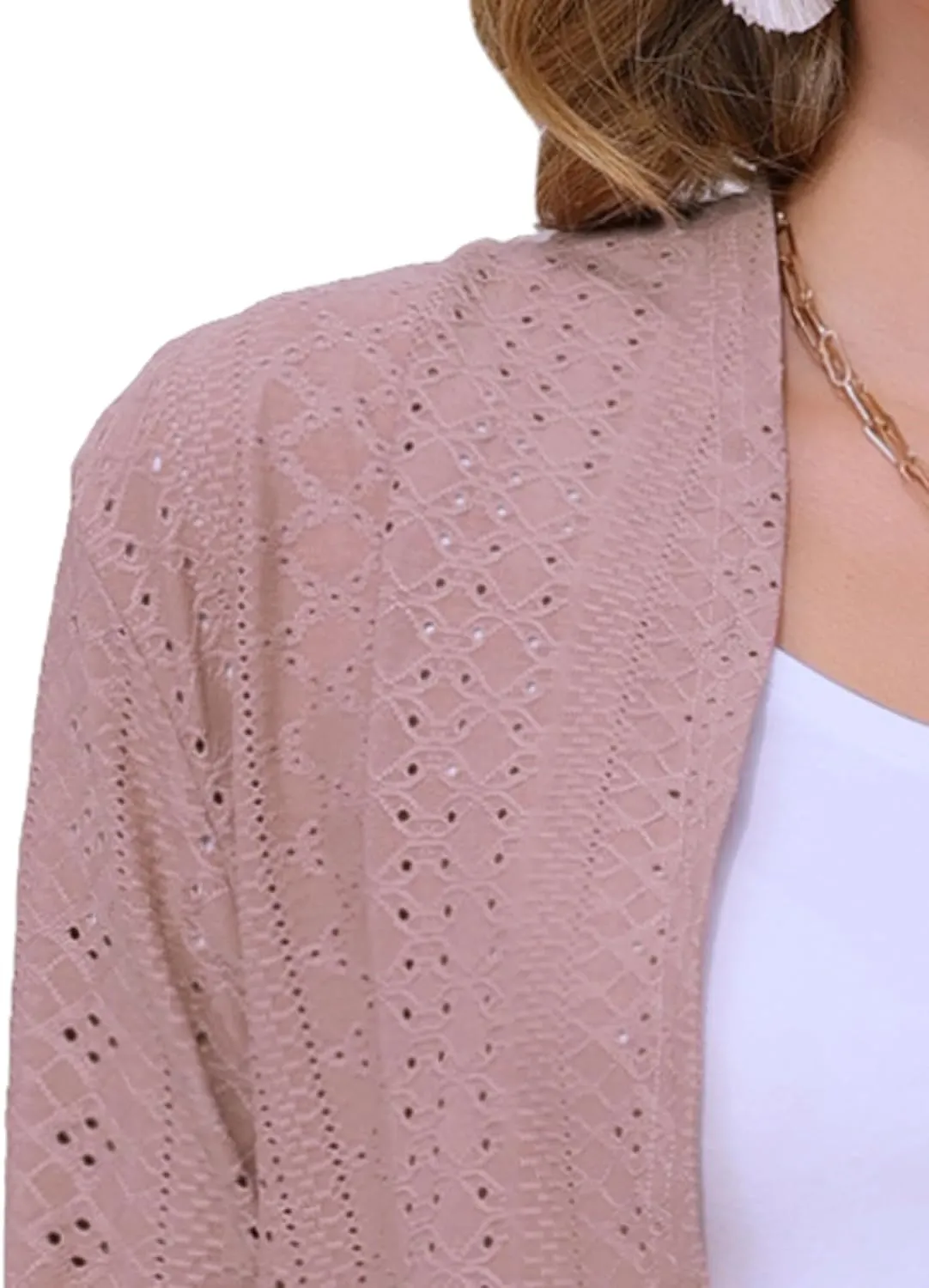 Allegra K Women's Open Front Cardigan 3/4 Sleeve Draped Ruffles Eyelet Summer Cardigans