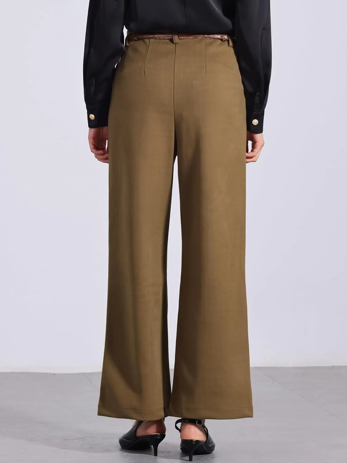 Allegra K Women's Pants Fall Winter Wool Blend High Waist Wide Leg Zipper Pockets Belt Business Casual Pants