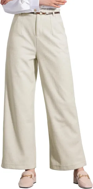 Allegra K Women's Pants Fall Winter Wool Blend High Waist Wide Leg Zipper Pockets Belt Business Casual Pants