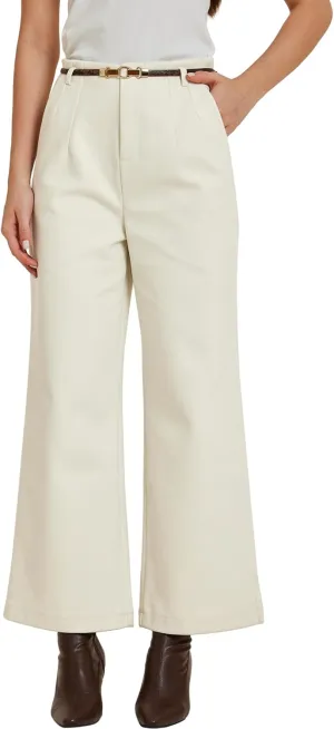 Allegra K Women's Pants Fall Winter Wool Blend High Waist Wide Leg Zipper Pockets Belt Business Casual Pants