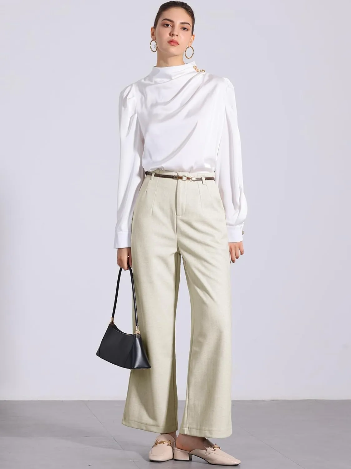 Allegra K Women's Pants Fall Winter Wool Blend High Waist Wide Leg Zipper Pockets Belt Business Casual Pants