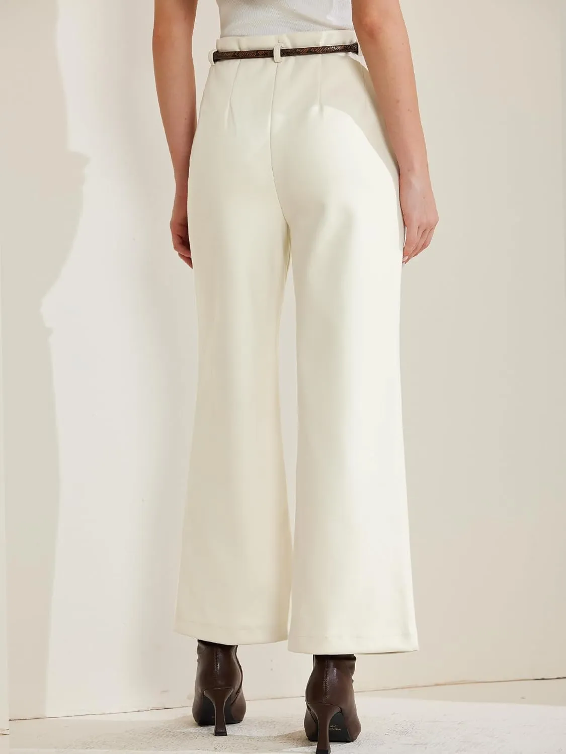 Allegra K Women's Pants Fall Winter Wool Blend High Waist Wide Leg Zipper Pockets Belt Business Casual Pants