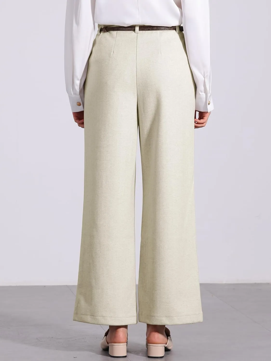 Allegra K Women's Pants Fall Winter Wool Blend High Waist Wide Leg Zipper Pockets Belt Business Casual Pants