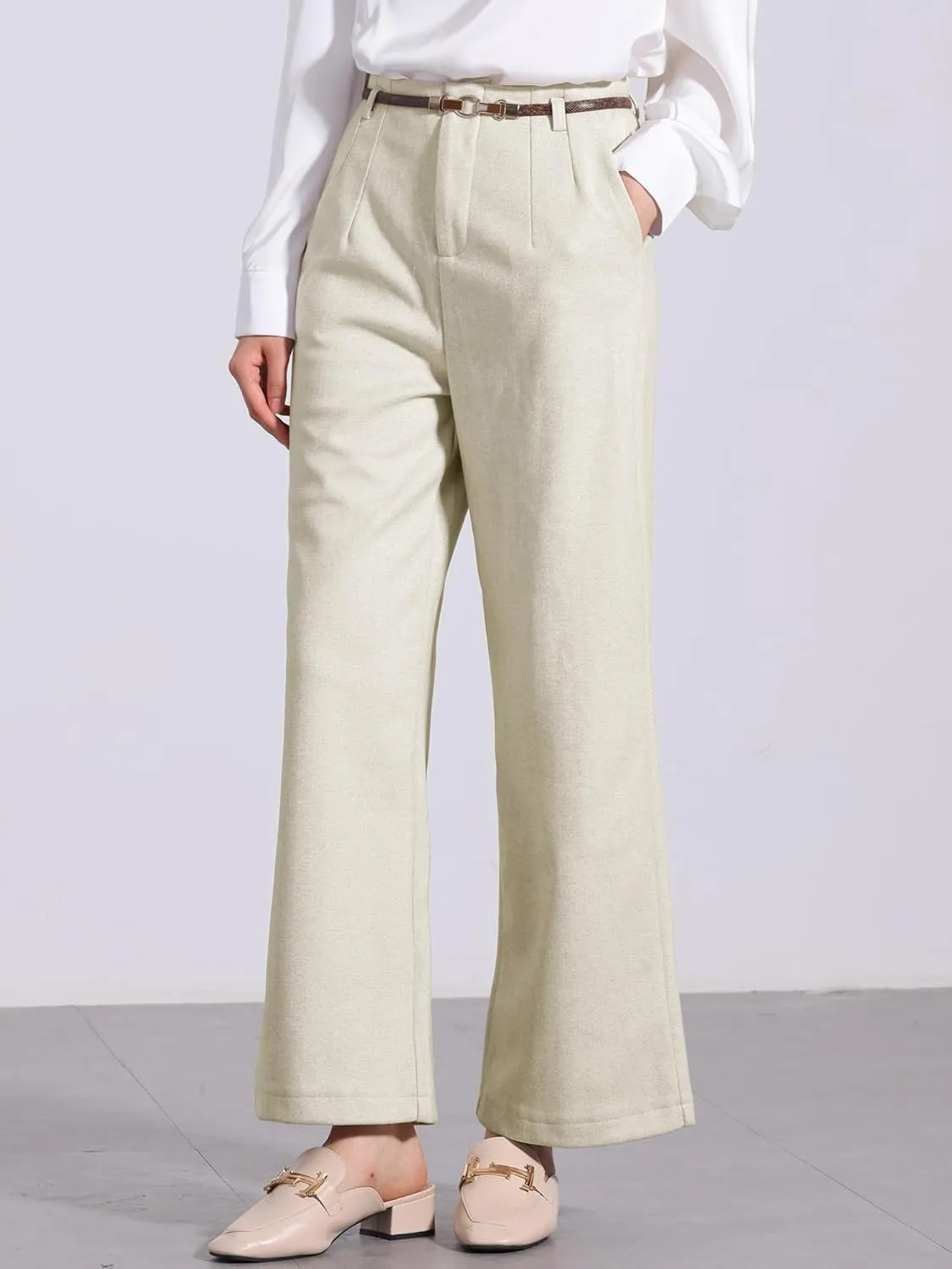 Allegra K Women's Pants Fall Winter Wool Blend High Waist Wide Leg Zipper Pockets Belt Business Casual Pants