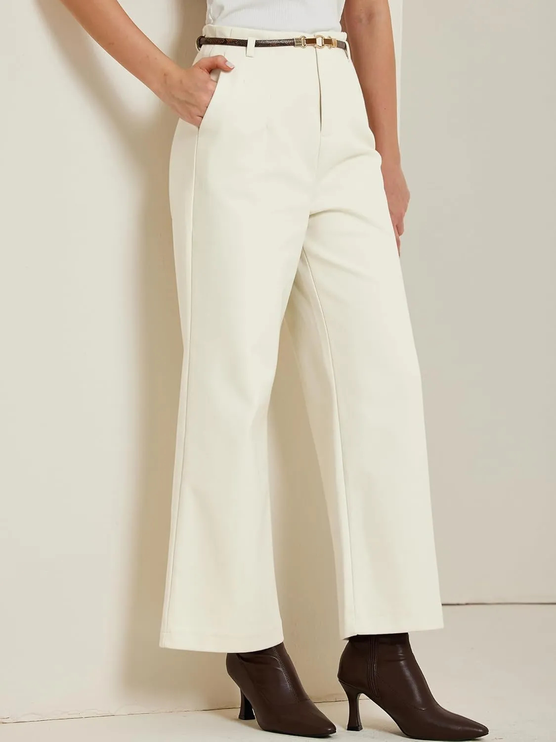 Allegra K Women's Pants Fall Winter Wool Blend High Waist Wide Leg Zipper Pockets Belt Business Casual Pants
