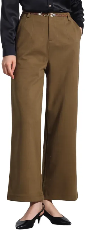 Allegra K Women's Pants Fall Winter Wool Blend High Waist Wide Leg Zipper Pockets Belt Business Casual Pants