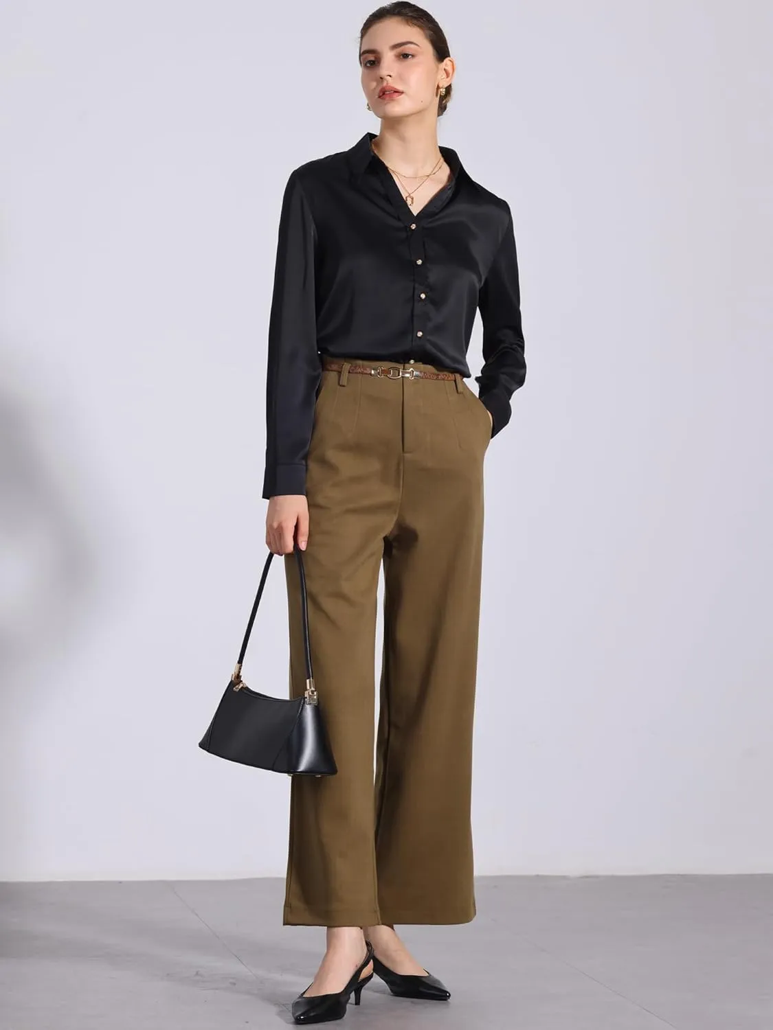 Allegra K Women's Pants Fall Winter Wool Blend High Waist Wide Leg Zipper Pockets Belt Business Casual Pants