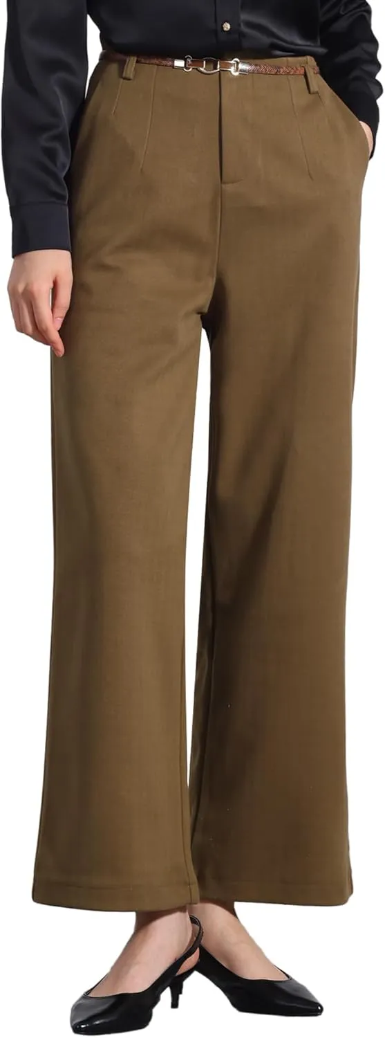 Allegra K Women's Pants Fall Winter Wool Blend High Waist Wide Leg Zipper Pockets Belt Business Casual Pants