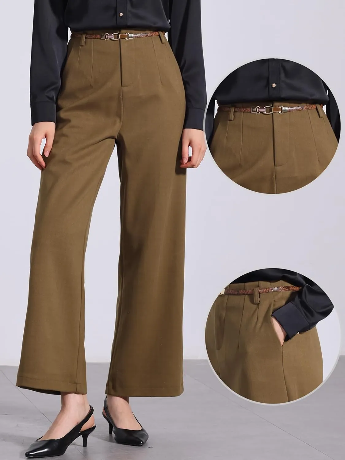 Allegra K Women's Pants Fall Winter Wool Blend High Waist Wide Leg Zipper Pockets Belt Business Casual Pants
