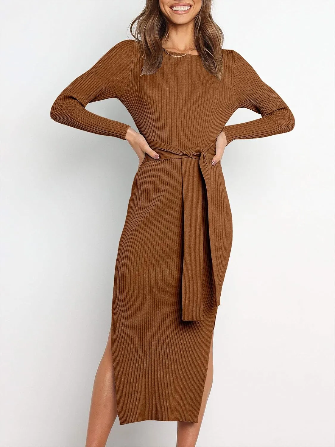 ANRABESS Womens Long Sleeve Sweater Dress Crew Neck Slim Fit Slit Tie Waist 2025 Ribbed Knit Bodycon Midi Dress Fall Outfits