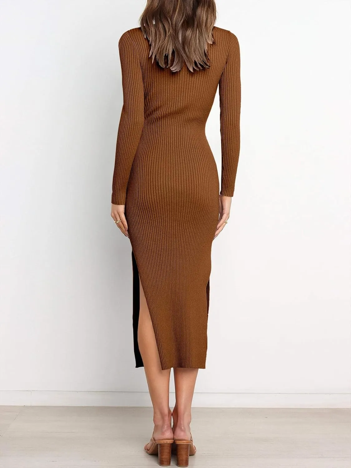 ANRABESS Womens Long Sleeve Sweater Dress Crew Neck Slim Fit Slit Tie Waist 2025 Ribbed Knit Bodycon Midi Dress Fall Outfits