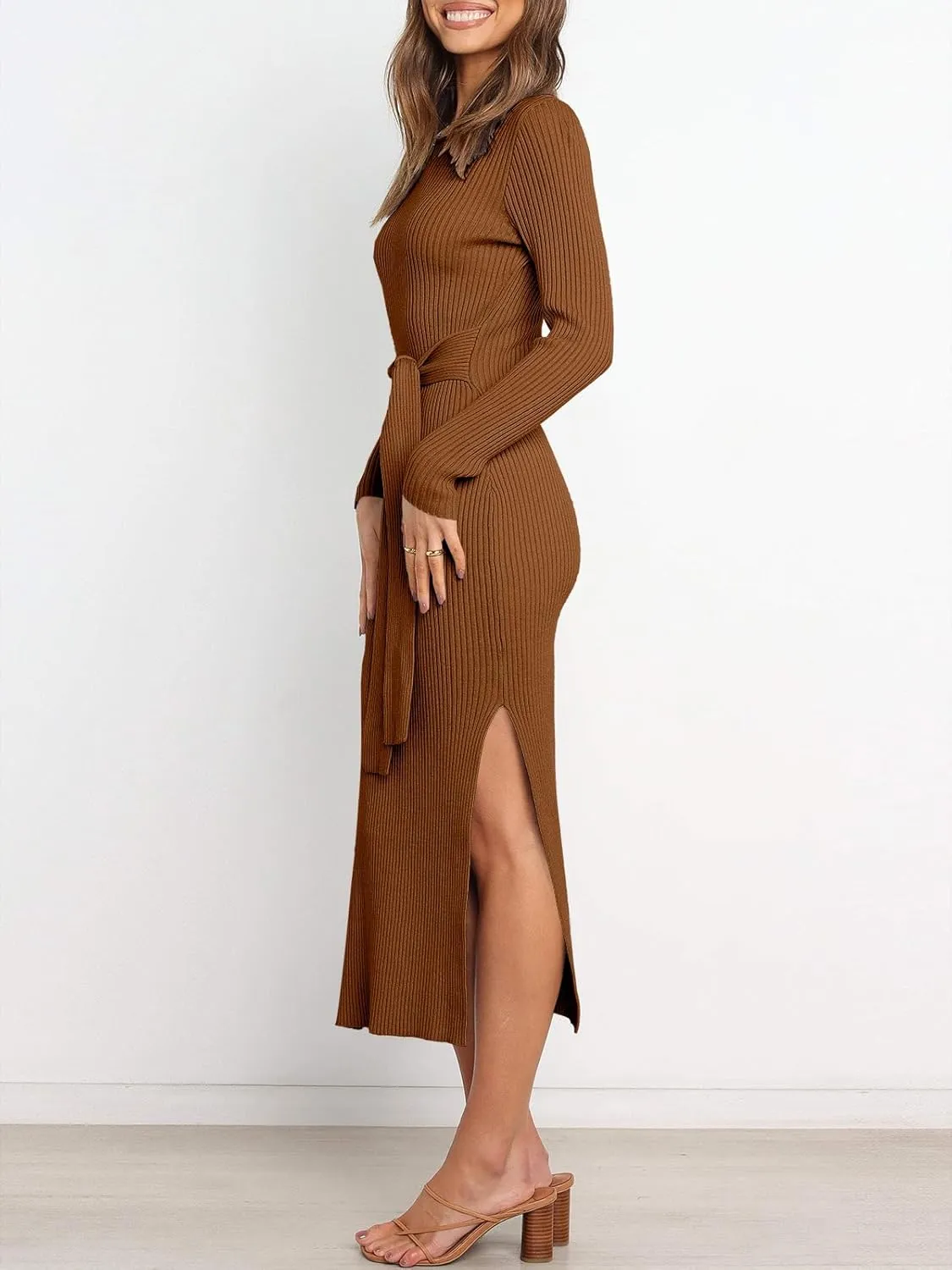 ANRABESS Womens Long Sleeve Sweater Dress Crew Neck Slim Fit Slit Tie Waist 2025 Ribbed Knit Bodycon Midi Dress Fall Outfits