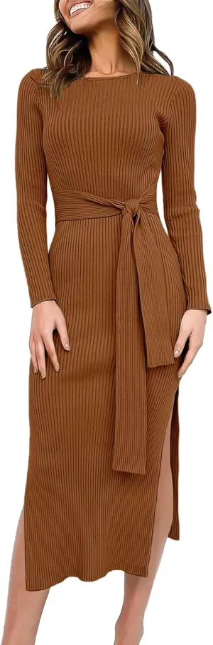 ANRABESS Womens Long Sleeve Sweater Dress Crew Neck Slim Fit Slit Tie Waist 2025 Ribbed Knit Bodycon Midi Dress Fall Outfits