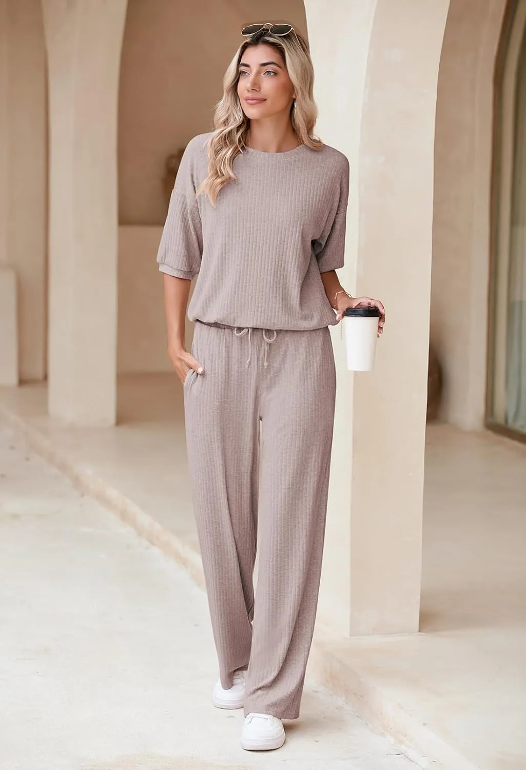 AOHITE Womens 2 Piece Outfits Lounge Sets Short Sleeve Pullover Tops Elastic Wide Leg Pants Set Sweatsuits Tracksuit