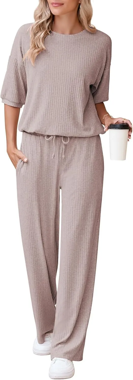 AOHITE Womens 2 Piece Outfits Lounge Sets Short Sleeve Pullover Tops Elastic Wide Leg Pants Set Sweatsuits Tracksuit