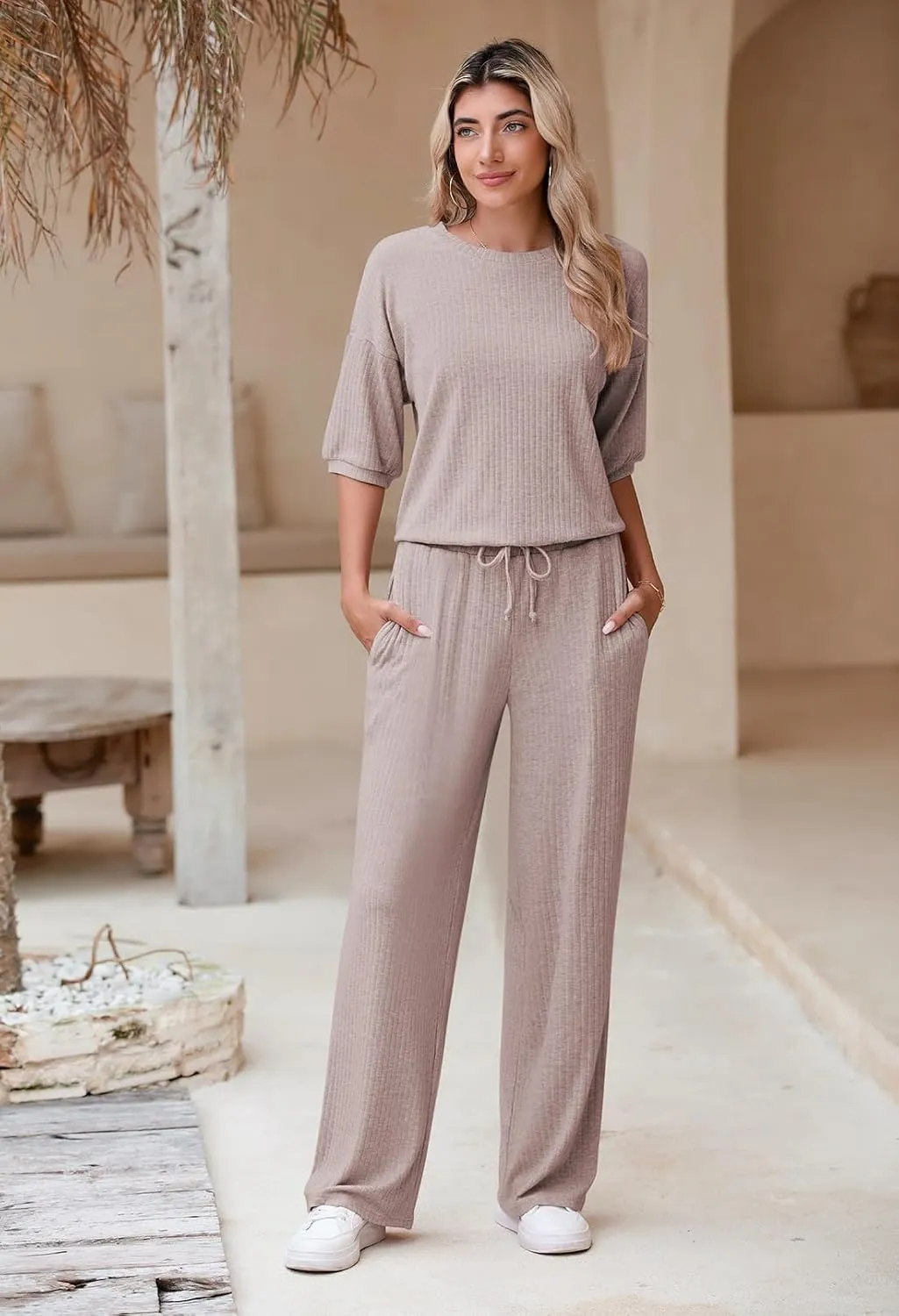 AOHITE Womens 2 Piece Outfits Lounge Sets Short Sleeve Pullover Tops Elastic Wide Leg Pants Set Sweatsuits Tracksuit