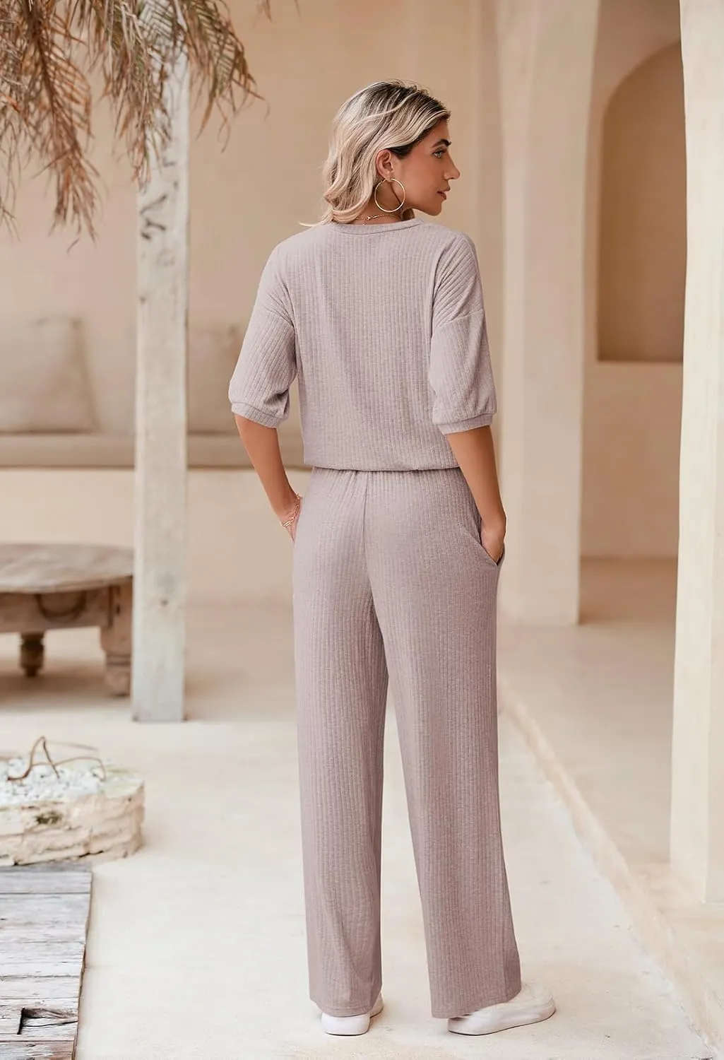 AOHITE Womens 2 Piece Outfits Lounge Sets Short Sleeve Pullover Tops Elastic Wide Leg Pants Set Sweatsuits Tracksuit