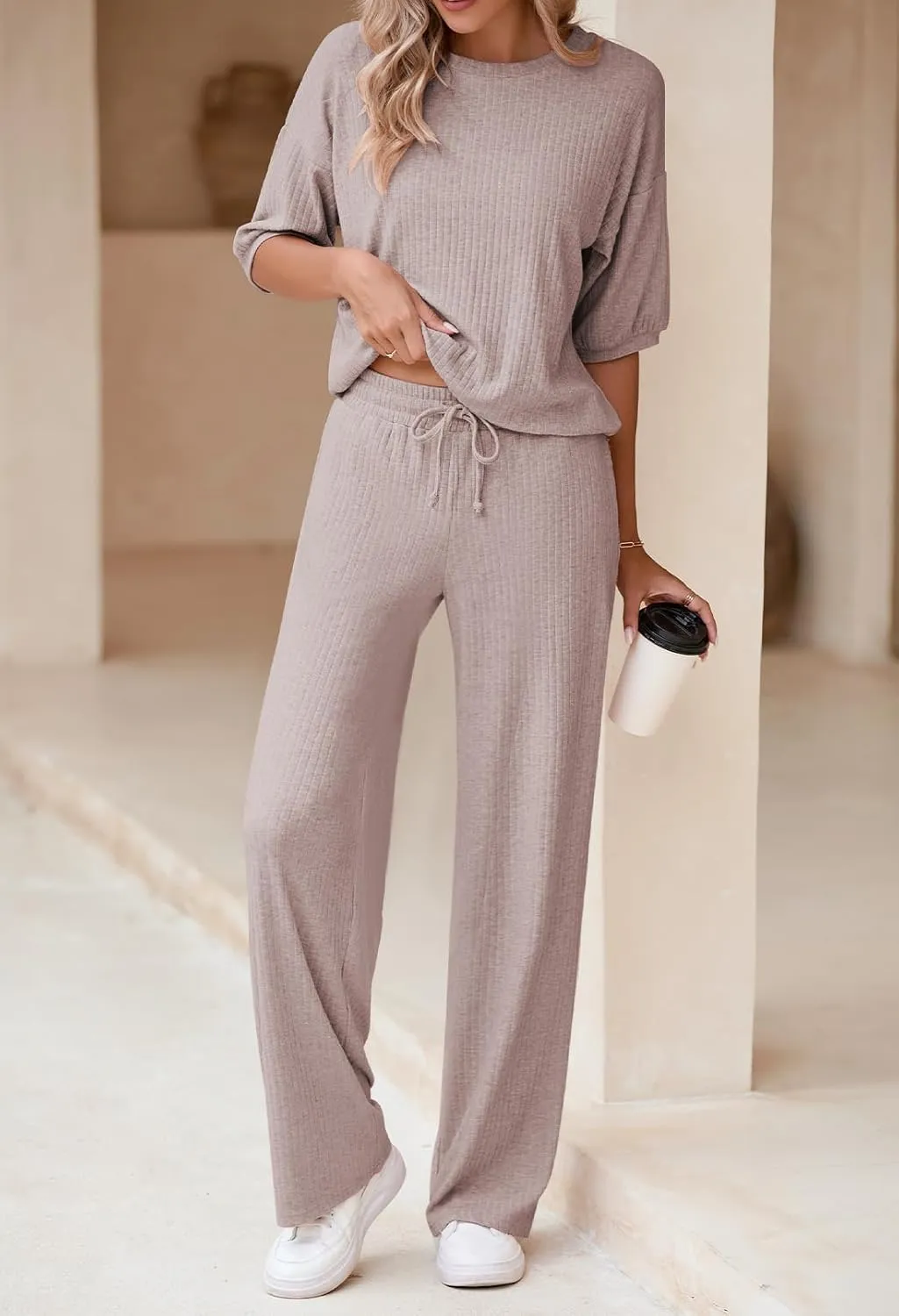 AOHITE Womens 2 Piece Outfits Lounge Sets Short Sleeve Pullover Tops Elastic Wide Leg Pants Set Sweatsuits Tracksuit