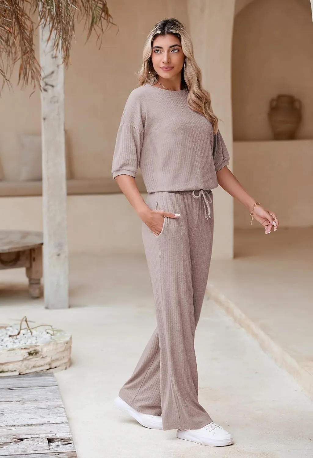 AOHITE Womens 2 Piece Outfits Lounge Sets Short Sleeve Pullover Tops Elastic Wide Leg Pants Set Sweatsuits Tracksuit