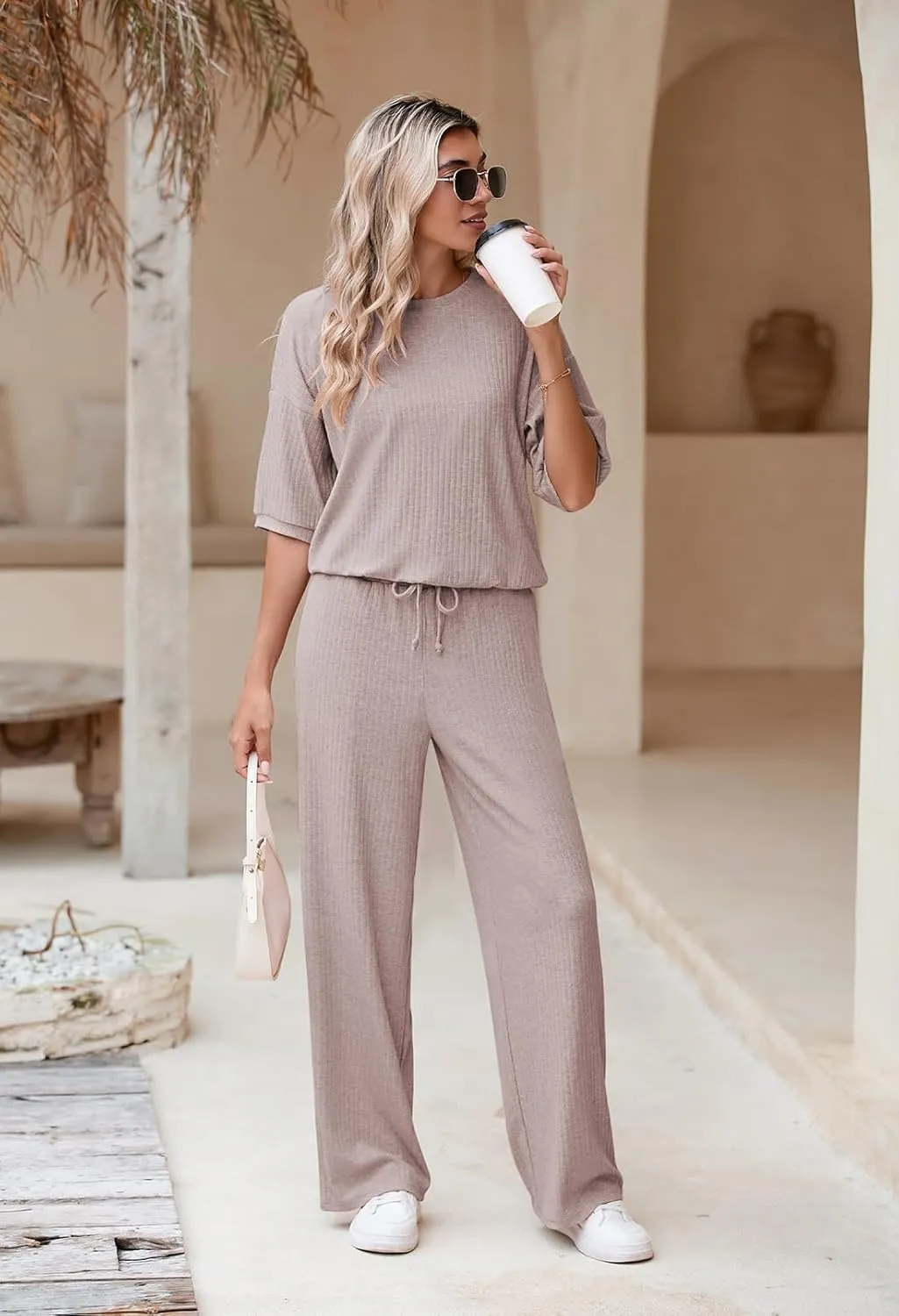 AOHITE Womens 2 Piece Outfits Lounge Sets Short Sleeve Pullover Tops Elastic Wide Leg Pants Set Sweatsuits Tracksuit
