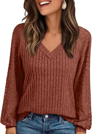 AUTOMET Women Long Sleeve Shirts Fall Lace Tops 2025 V Neck Sweaters Dressy Casual Business Winter Fashion Tunic Blouses
