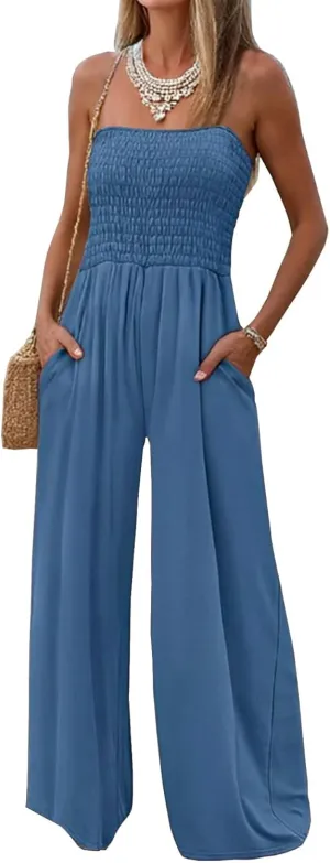 AUXDIO Womens Casual Strapless Summer Jumpsuits Loose Off Shoulder Smocked Sleeveless Wide Leg Romper with Pockets