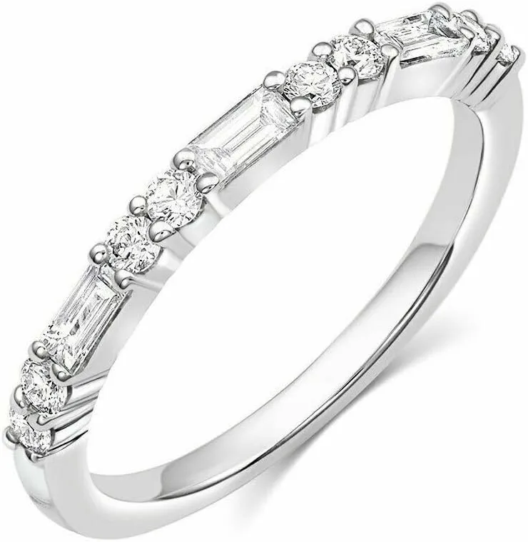 Baguette & Round Cut Simulated White Diamond Half Eternity Wedding Band Engagement Ring In 925 Sterling Silver 14K White Gold Finish for Women's