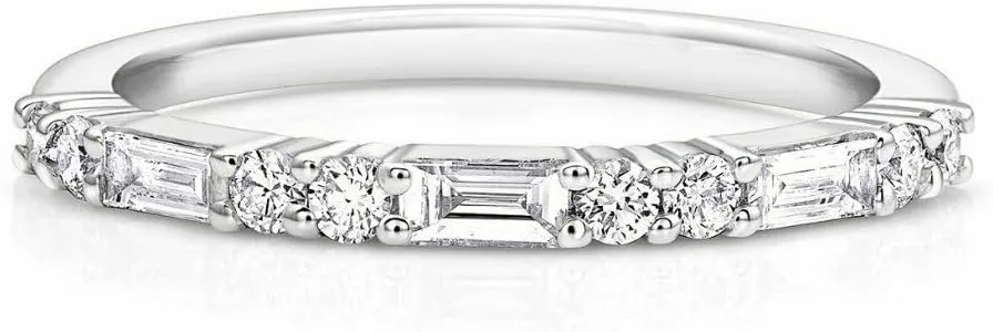 Baguette & Round Cut Simulated White Diamond Half Eternity Wedding Band Engagement Ring In 925 Sterling Silver 14K White Gold Finish for Women's