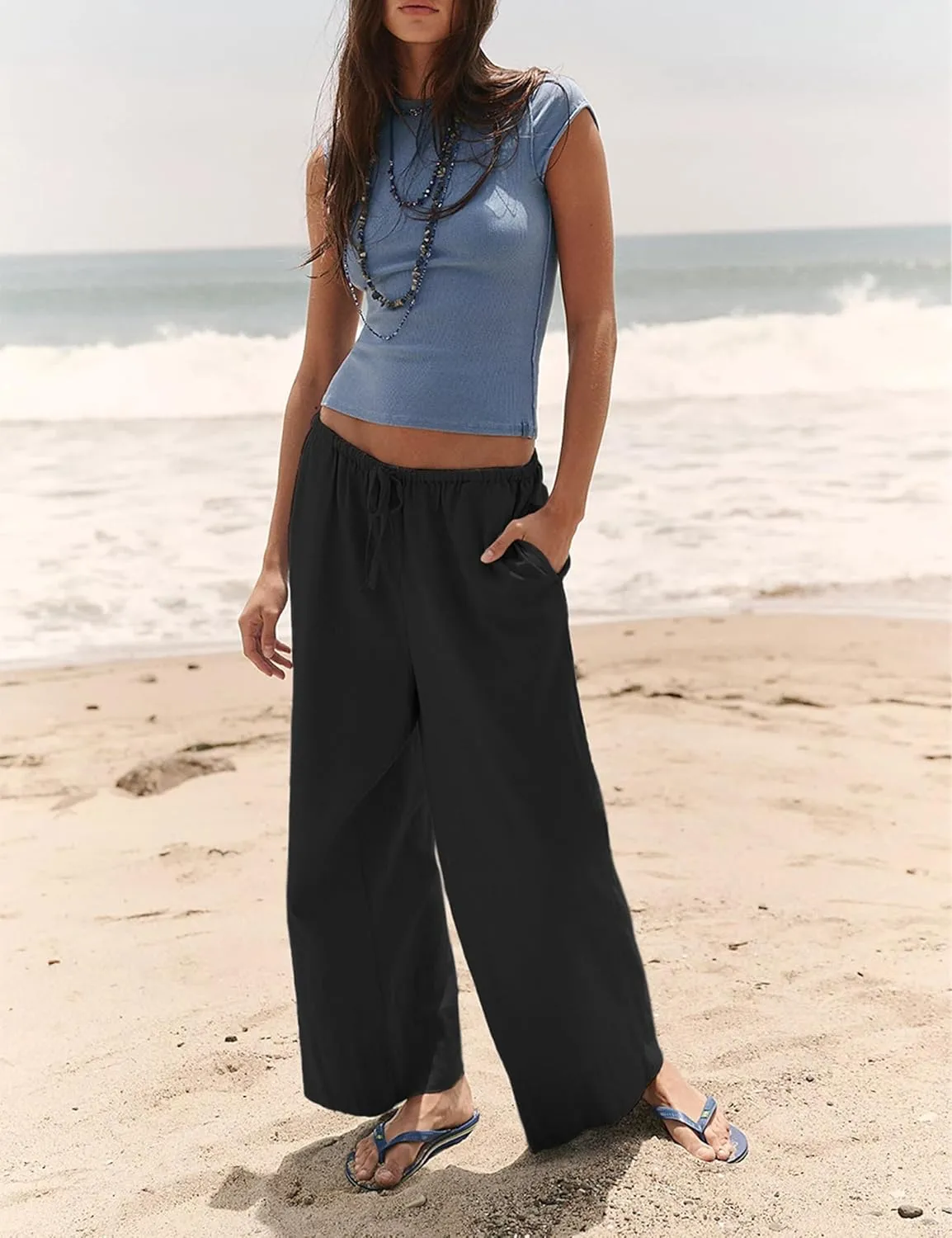 Bankeng Women's Cotton Linen Palazzo Pants Drawstring Elastic Waist Casual Wide Leg Beach Trousers with Pockets
