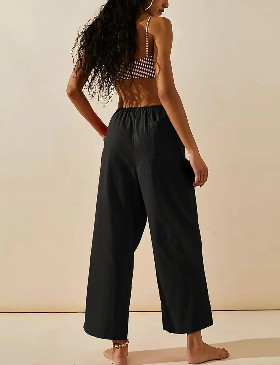 Bankeng Women's Cotton Linen Palazzo Pants Drawstring Elastic Waist Casual Wide Leg Beach Trousers with Pockets