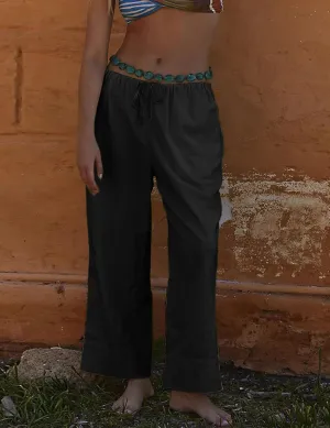 Bankeng Women's Cotton Linen Palazzo Pants Drawstring Elastic Waist Casual Wide Leg Beach Trousers with Pockets