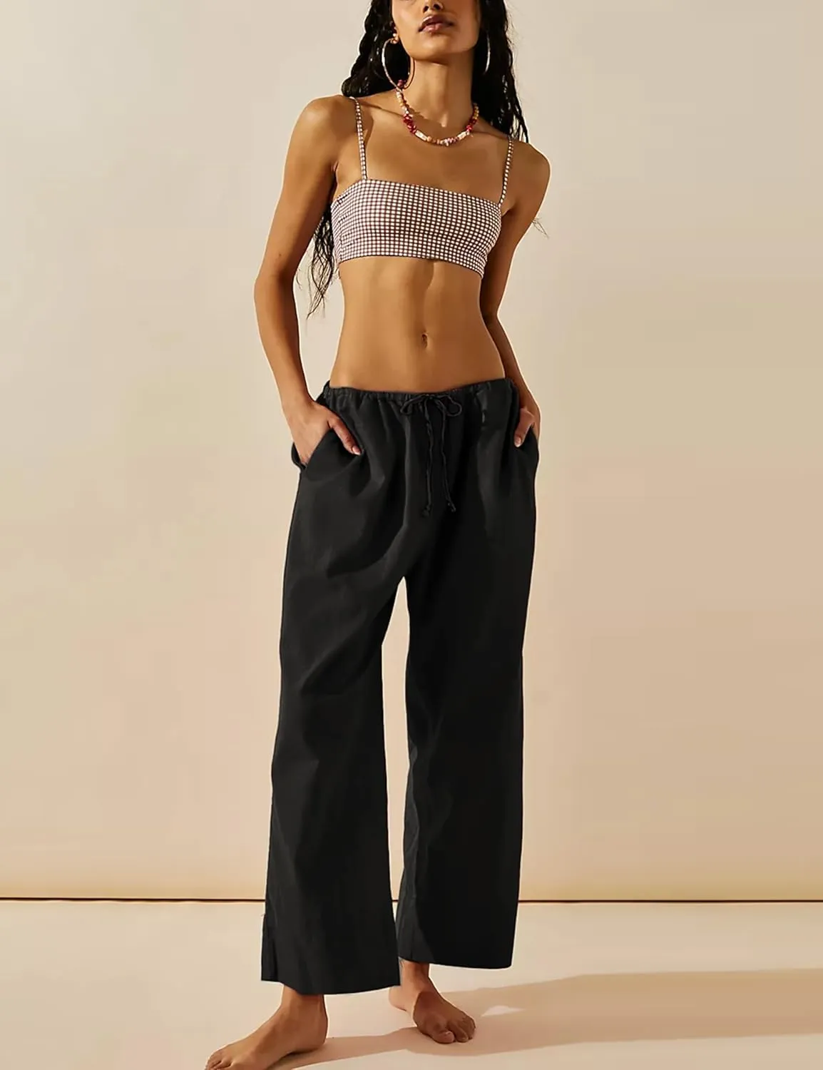 Bankeng Women's Cotton Linen Palazzo Pants Drawstring Elastic Waist Casual Wide Leg Beach Trousers with Pockets